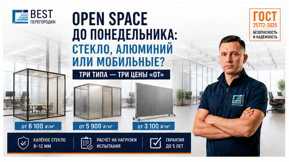 Обложка: эксперт BEST у трёх офисных перегородок в open space — стекло, алюминий, мобильные с ценами от ₽/м²