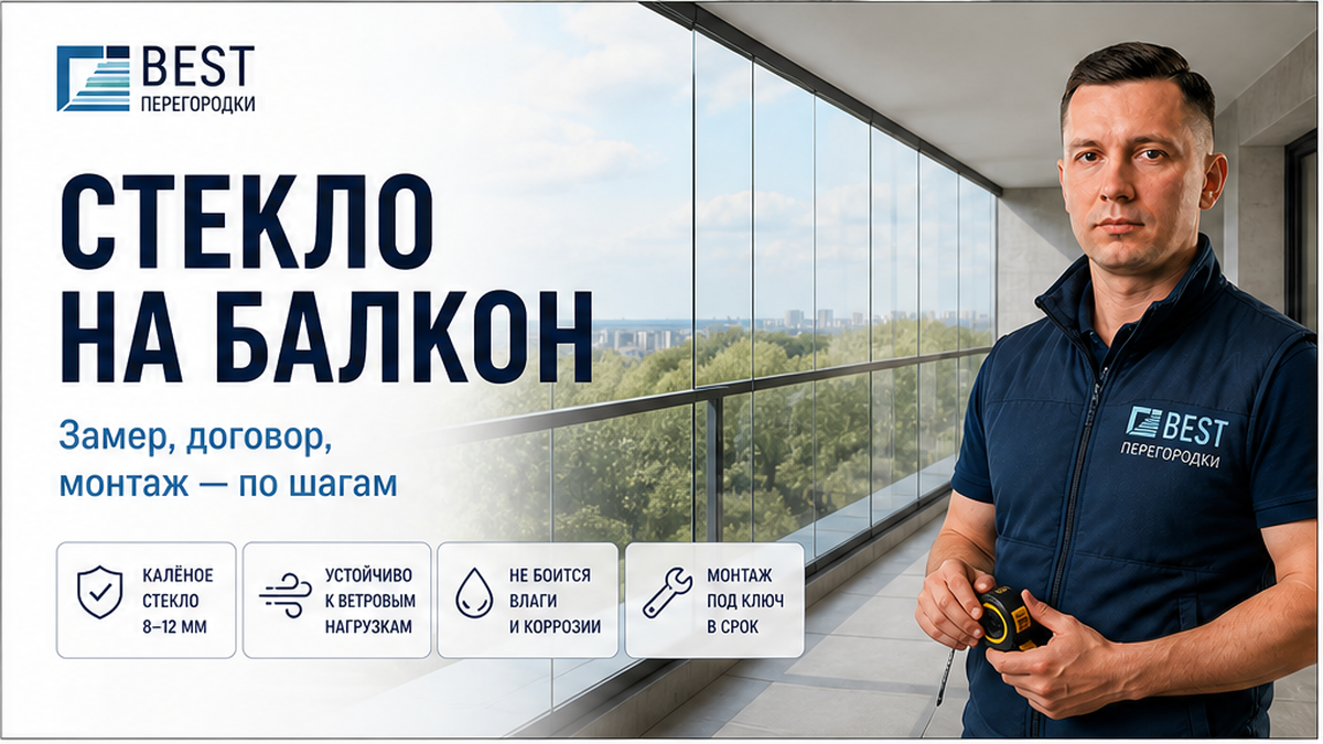 Эксперт у панорамного стеклянного ограждения балкона с этапами заказа и рулеткой