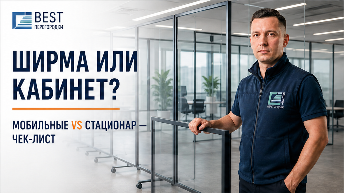 Обложка: эксперт BEST у мобильной стеклянной перегородки на колёсах в open space — ширма или кабинет