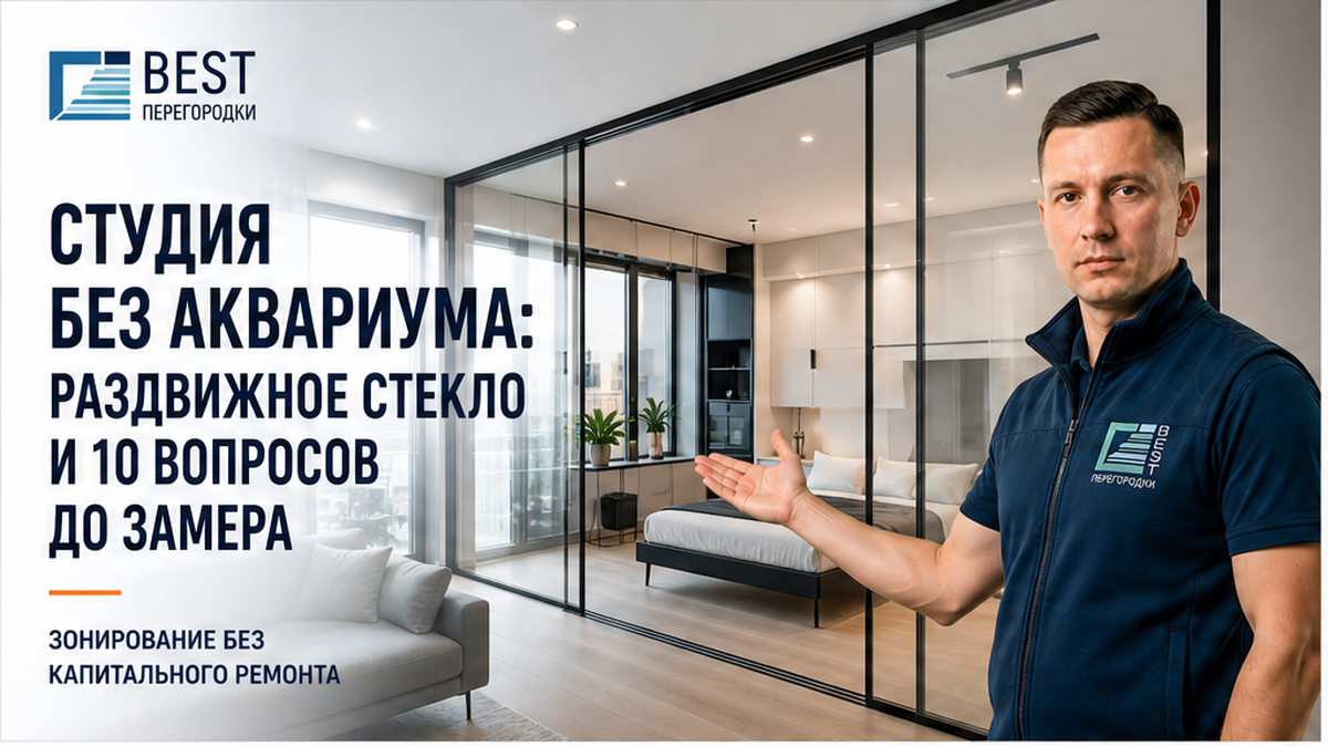 Обложка: раздвижная стеклянная перегородка в квартире — зонирование студии без капитального ремонта