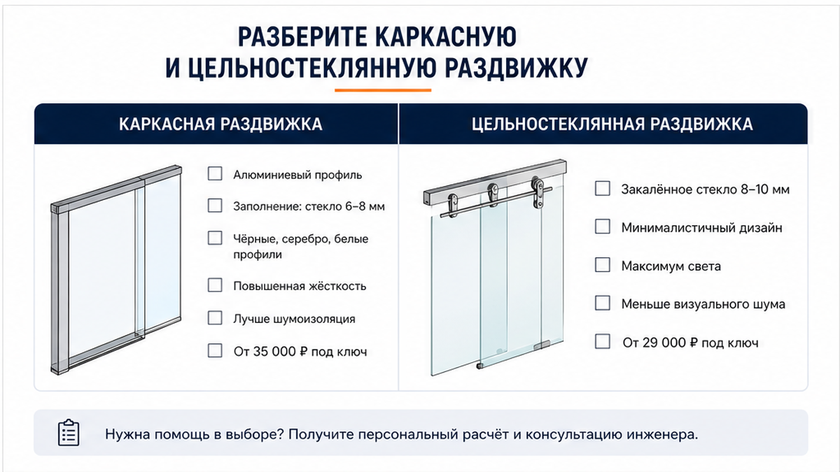 Чеклист / printable board: Разберите каркасную и цельностеклянную раздвижку