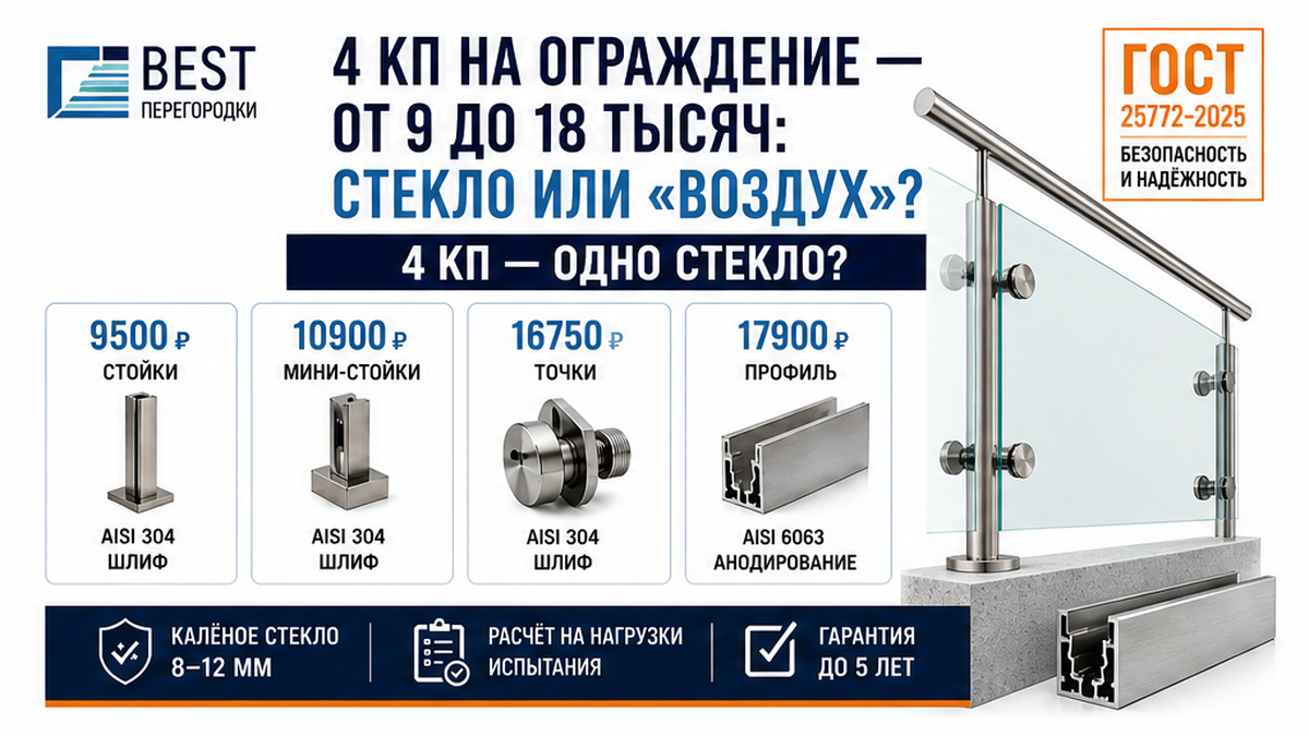 Сравнение креплений стеклянных ограждений — 4 КП с ценами, только продукт
