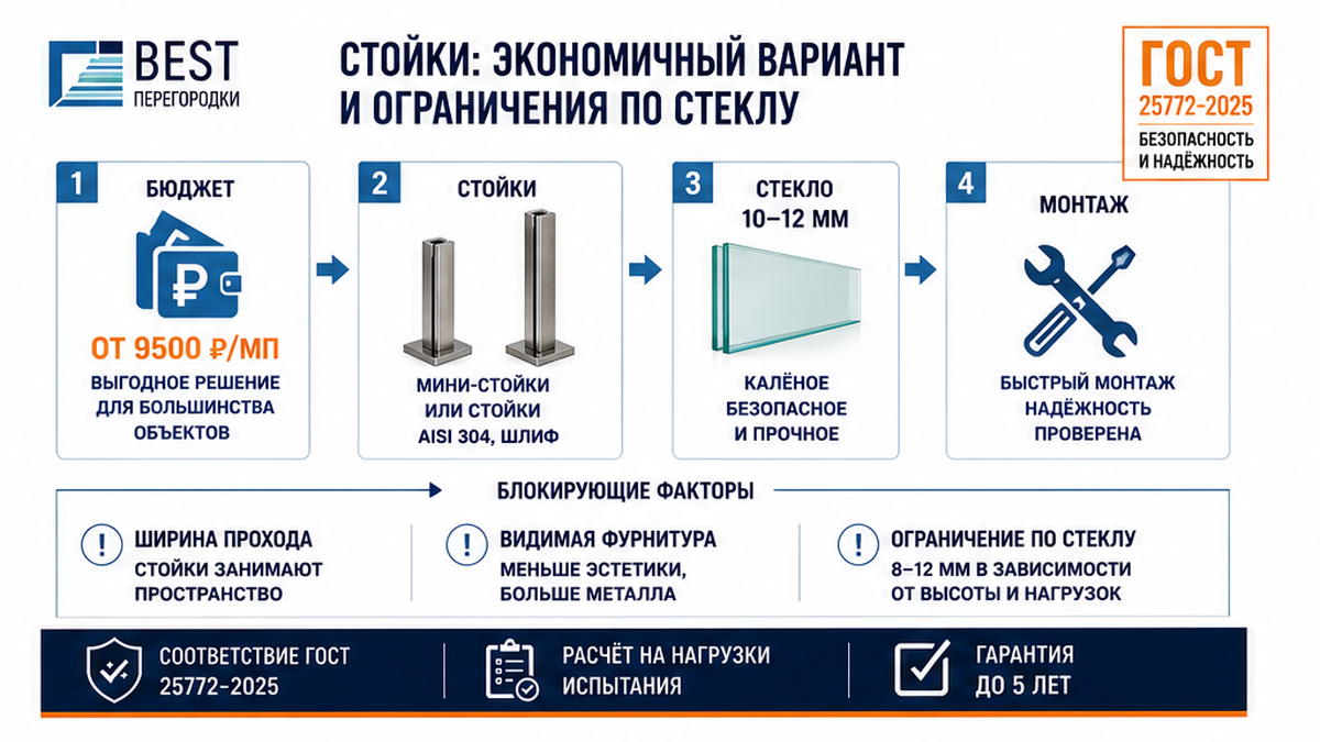 Workflow-схема: когда выбирают стойки и какие ограничения по стеклу