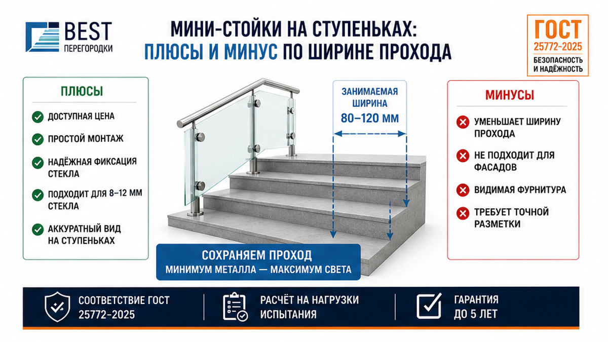 Чеклист мини-стоек: плюсы, минус по ширине прохода на узкой лестнице