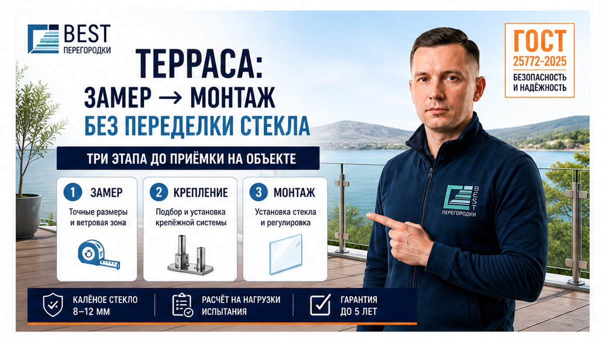 Обложка: эксперт BEST у панорамной террасы со стеклянным ограждением и этапами замер–крепление–монтаж