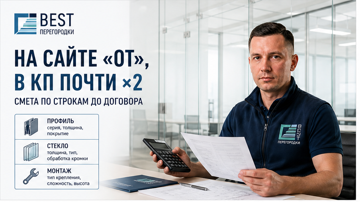 Обложка: эксперт BEST со сметой перегородок, калькулятором и бейджами профиль, стекло, монтаж