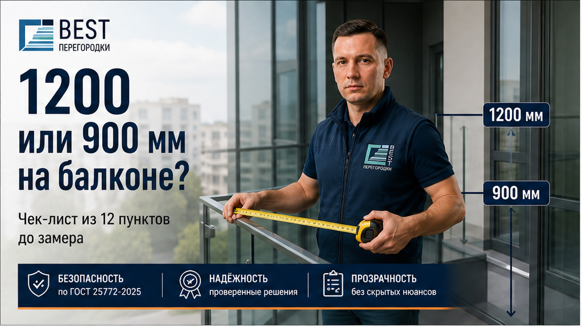 Обложка: высота ограждения балкона — нормы 900 и 1200 мм, эксперт с рулеткой