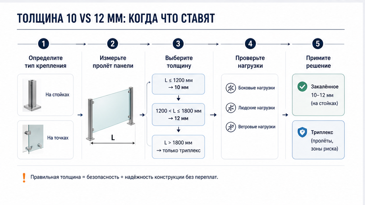 Схема выбора толщины стекла 10 vs 12 мм для ограждения