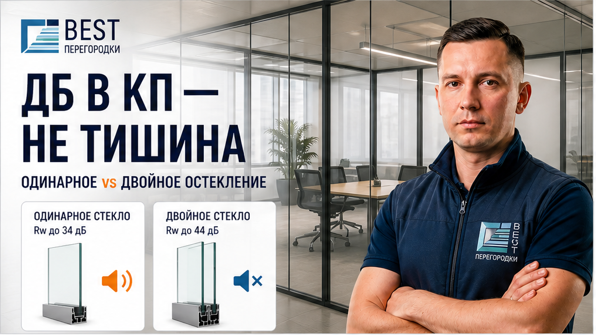 Эксперт у стеклянной переговорной: иконки дБ и сравнение одинарного и двойного остекления