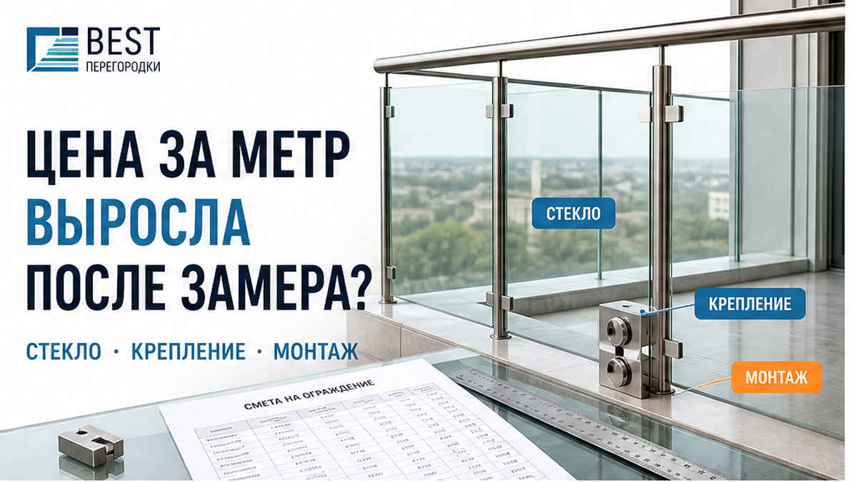 Смета и линейка на стеклянном ограждении: стикеры стекло, крепление, монтаж — без человека
