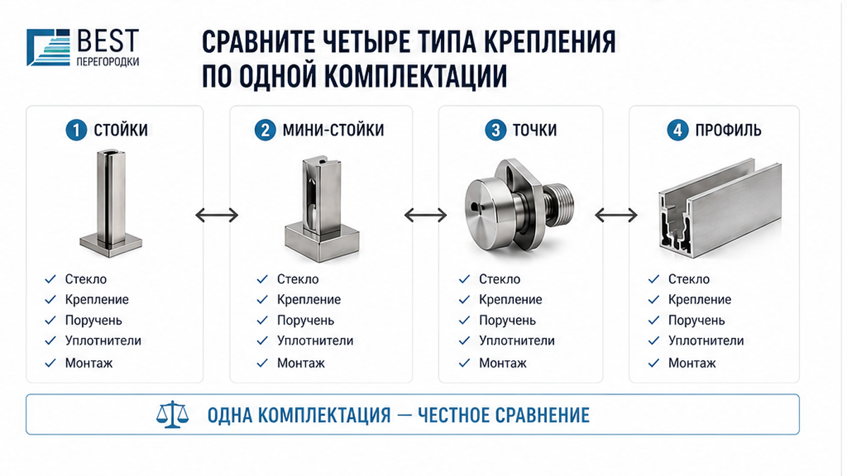 Схема сравнения четырёх типов крепления стеклянного ограждения