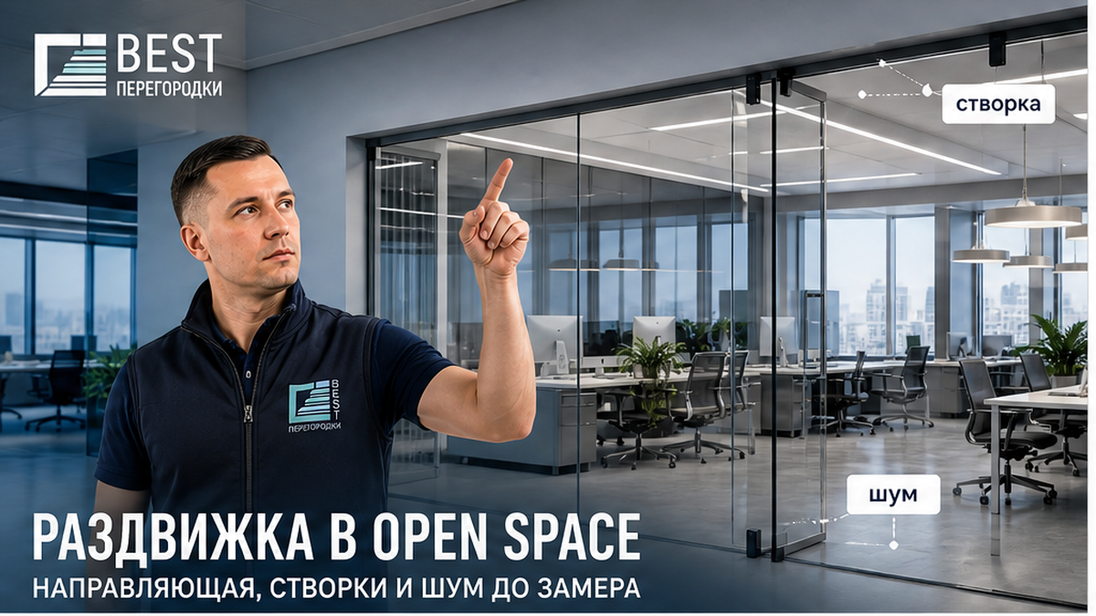 Эксперт в open space указывает на верхнюю направляющую раздвижной стеклянной перегородки