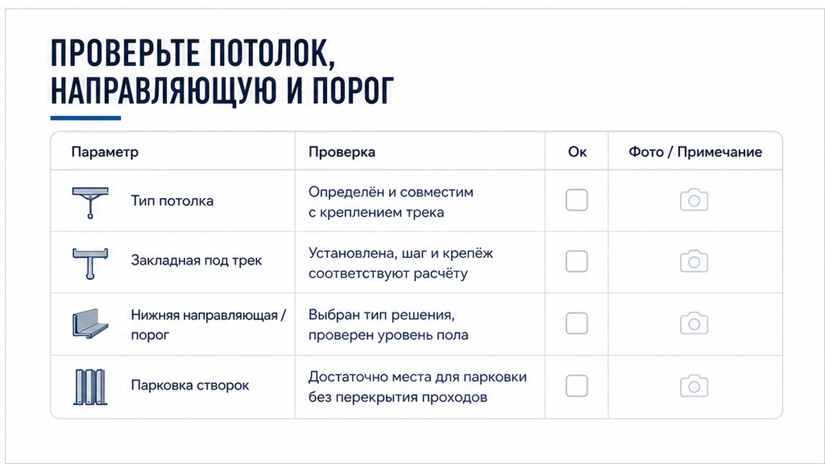Чеклист: потолок, направляющая и порог перед замером