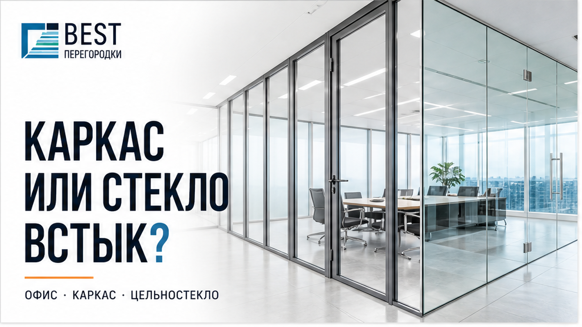 Сплит офисной перегородки: слева алюминиевый каркас со стеклом, справа цельностеклянные полотна встык — без человека