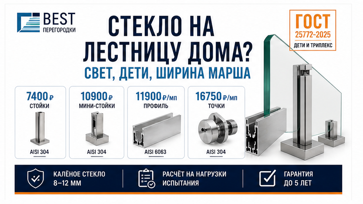 Инфо-коллаж: стекло на лестницу дома — карточки креплений и ориентир цены