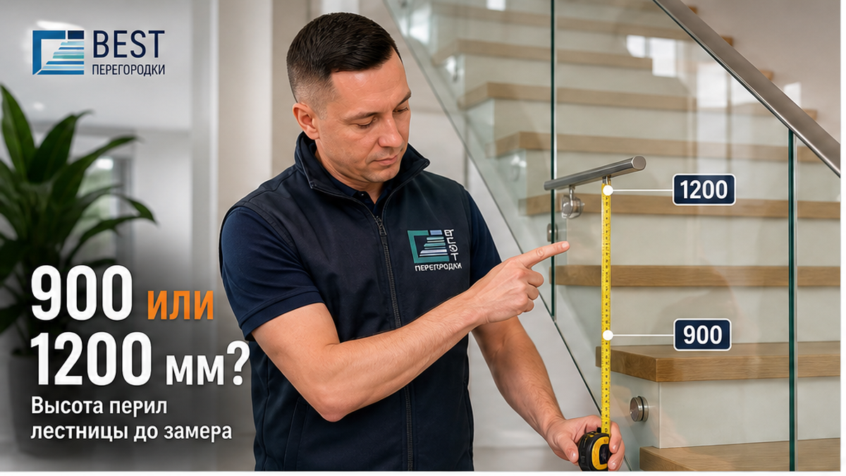Эксперт у лестницы частного дома указывает рулеткой на высоту стеклянного ограждения